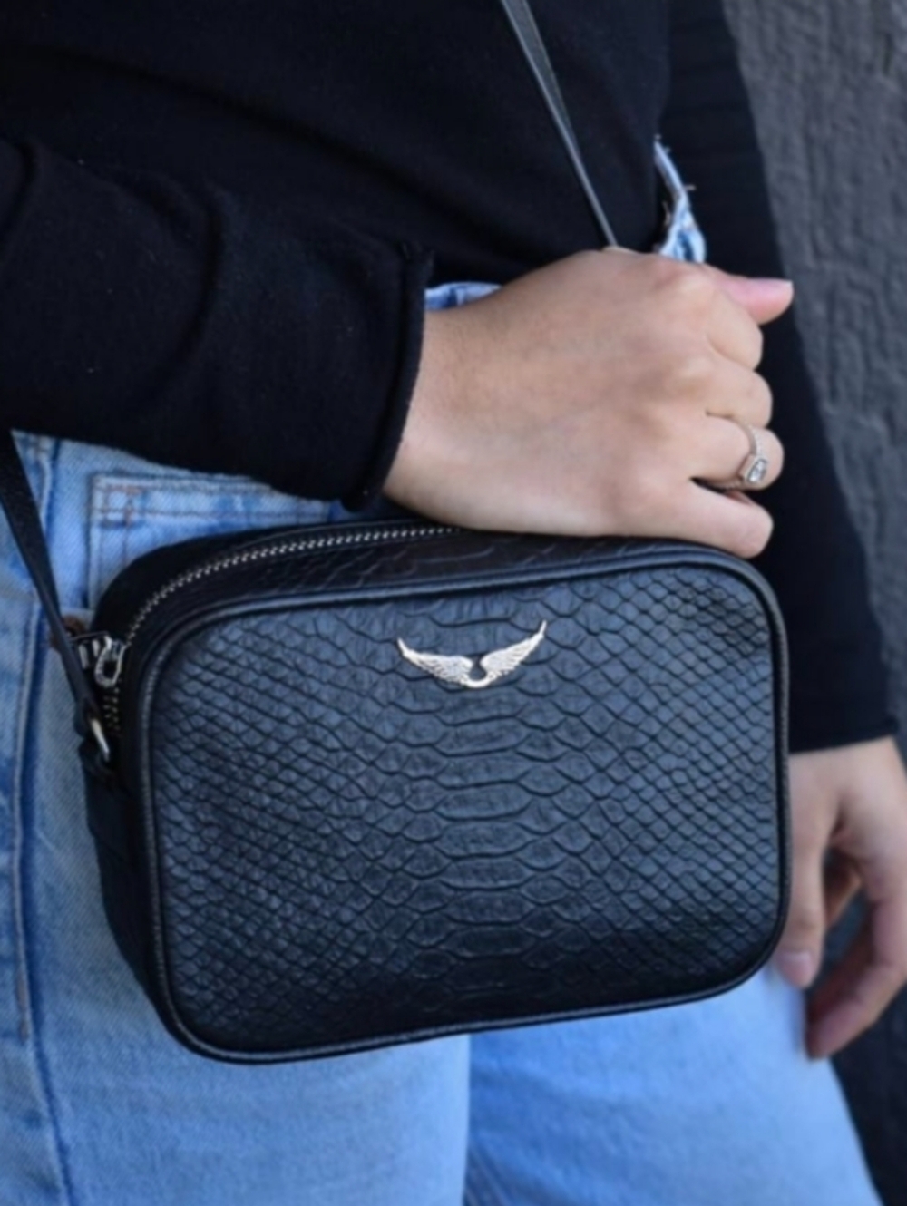 NWT ZADIG & VOLTAIRE Lizard Crossbody XS Boxy Wings Savage Noir  Black Cobra